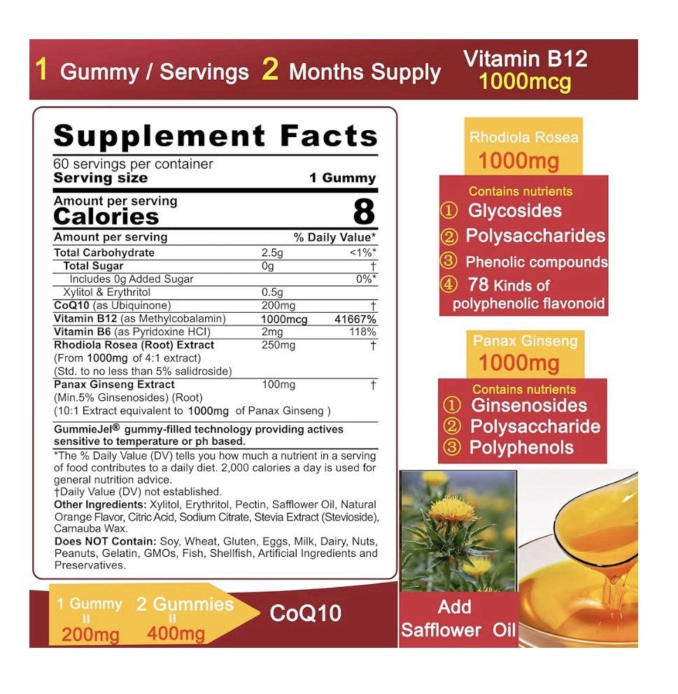 2 Pack Neviss CoQ10 Gummies Rhodiola Rosea Extract Ginseng Energy Heart Brain