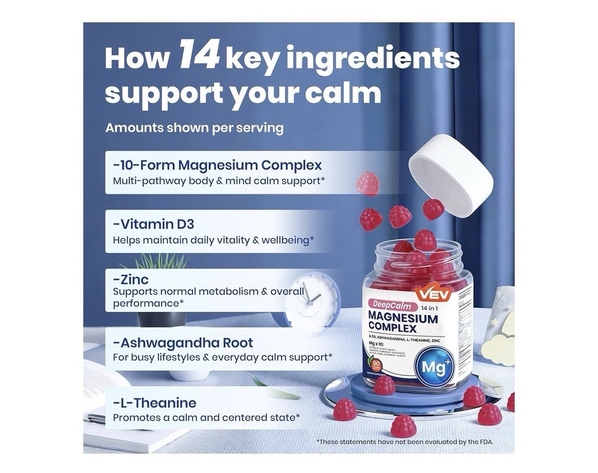 VEV Magnesium Complex Deep Calm 14 in 1 Glycinate Citrate Malate 90 Gummies