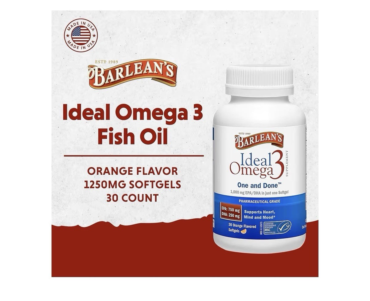 Barlean's Ideal Omega 3 Fish Oil EPA DHA Heart Mind Mood Brain Health 30softgels