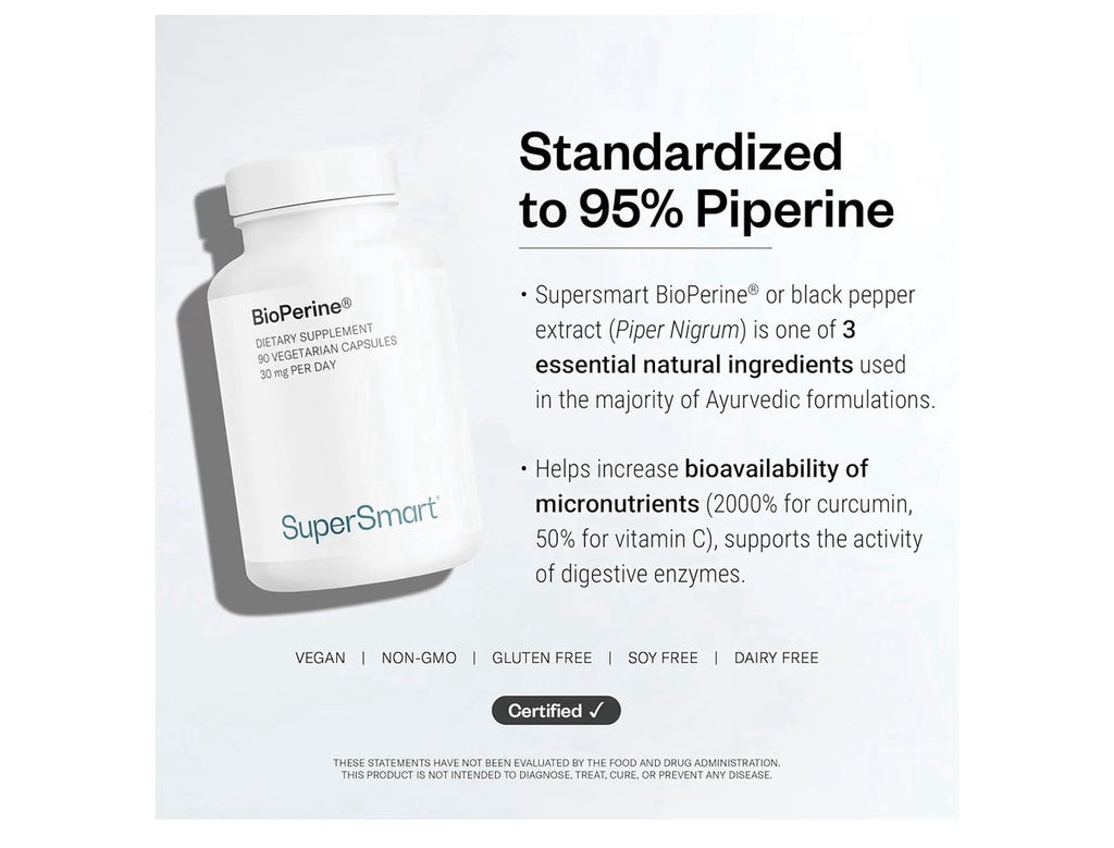 SuperSmart Bioperine 30mg per Day 95% Piperine Black Pepper Extract 90 Capsules