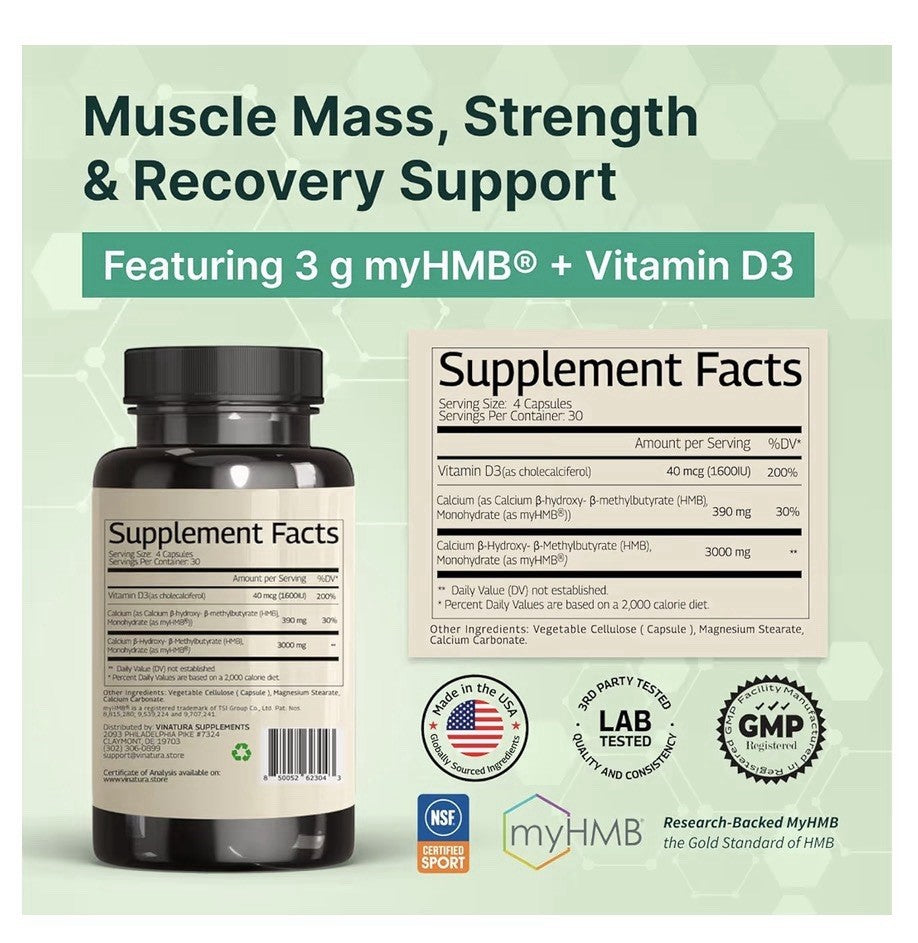 VINATURA HMB 3000mg and Vitamin D3 Supplement Performance Workout 120 Capsules