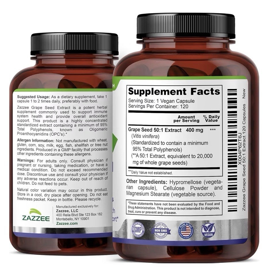 Zazzee Grape Seed Extract 95% Polyphenols Antioxidant Immune Support 120capsules