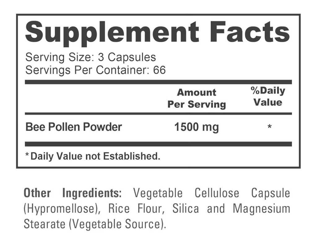 NusaPure Bee Pollen 1500mg 200 Veg Capsules 66 Servings