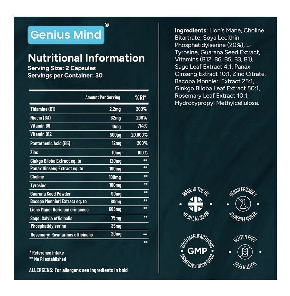 JustFloow Genius Mind Nootropic Brain Supplement Support Cognitive Function 60ca