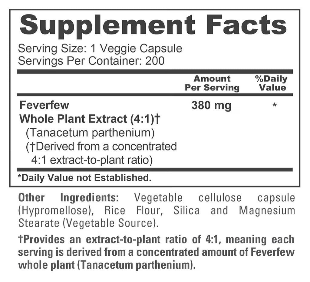 NusaPure Feverfew 380mg Per Serving 200 Veg Capsules 200 Servings