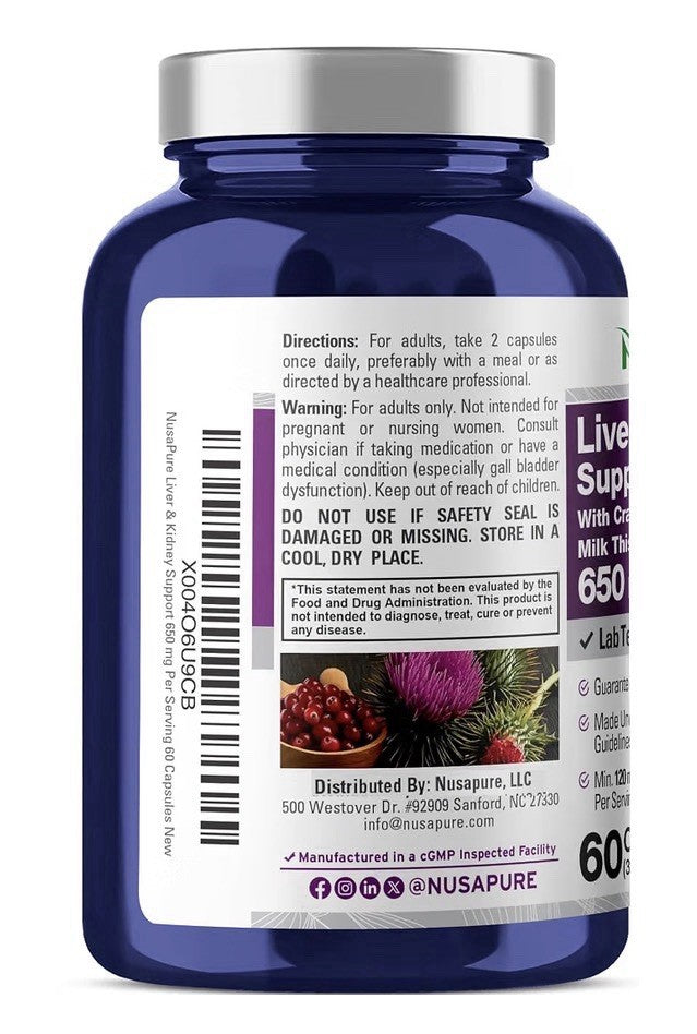 NusaPure Liver & Kidney Support 650mg With Cranberry & Milk Thistle 60 Capsules