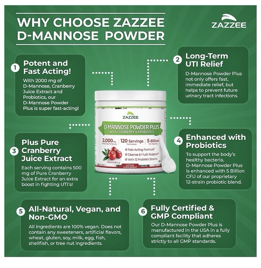 Zazzee D-Mannose Powder Plus With Cranberry & Probiotics 2000 mg 120 Servings