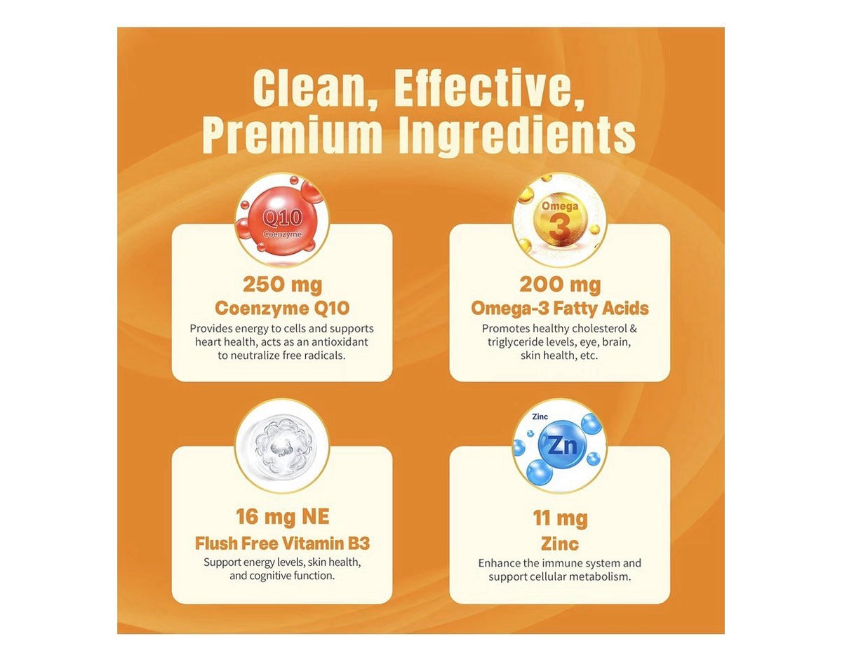 2 Pack Neviss CoQ10 250mg Gummies Plus Omega-3 Vitamin B3 Zinc EPA DHA