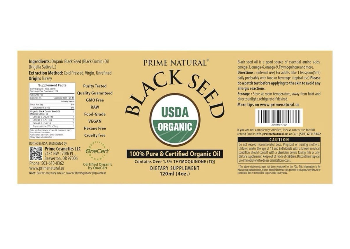PRIME NATURAL Black Seed Oil Organic Cold Pressed Unrefined 4oz Nigella Sativa