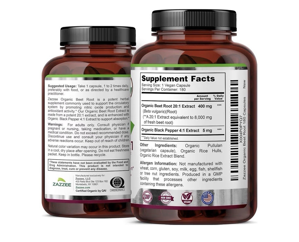 Zazzee Beet Root Nitric Oxide Support Healthy Energy Levels 6Month Supply 180cap