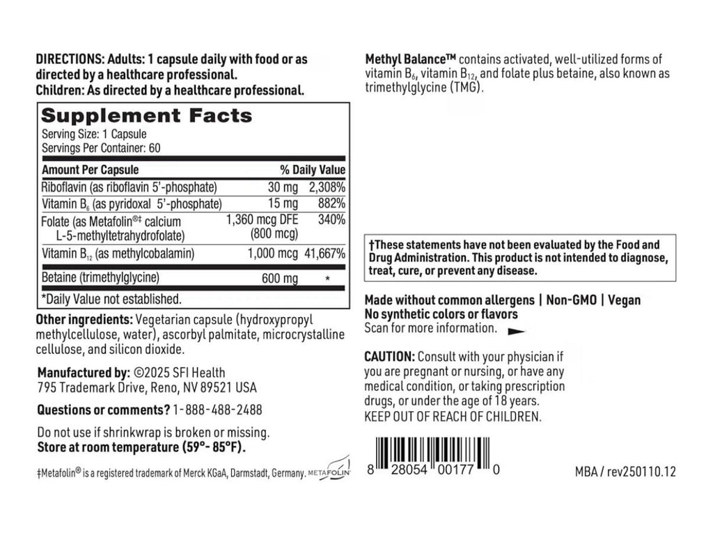 SFI Health Methyl Balance Activated B Vitamins + TMG Healthy Methylation 60 Caps