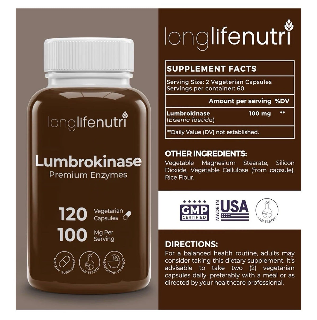 LongLifeNutri Lumbrokinase Premium Enzymes Supplement 100mg Per Serving 120 Caps