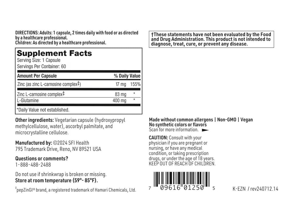 SFI Health Klaire Labs Endozin Zinc Carnosine Complex Support Gut Barrier Health