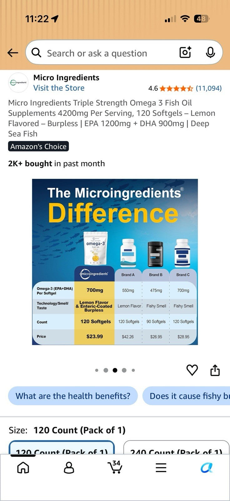 Micro Ingredients Omega-3 Fish Oil Triple Strength 4,200 mg Per Serving 120sgel