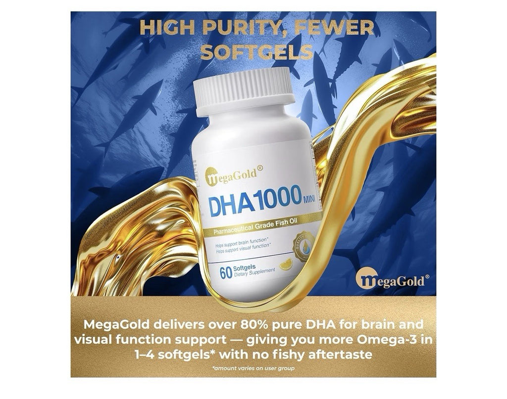 MegaGold DHA 1000 Fish Oil Omega 3 Supplement Brain Visual Function Support 60sg