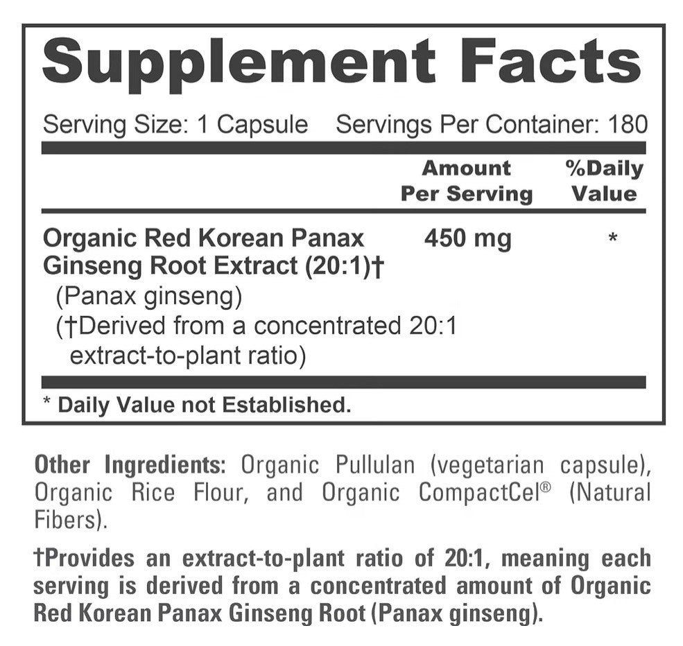 NusaPure Organic Red Korean Panax Ginseng 450mg 180 Veg Capsules 180 Servings