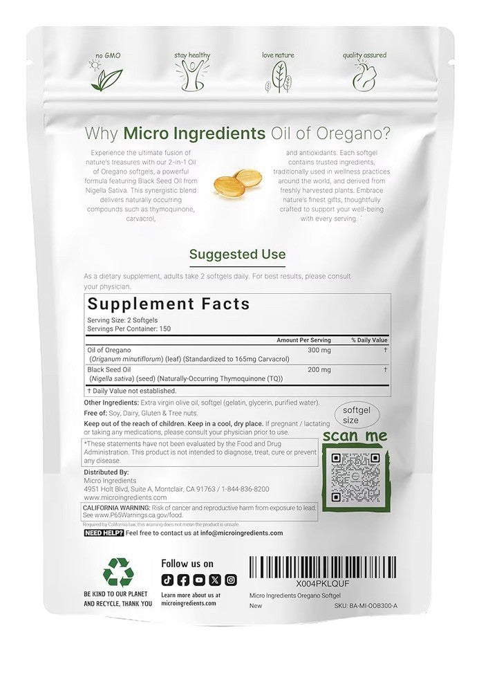 Micro Ingredients Oil of Oregano Herbal Extract With Black Seed Oil 300 Softgels