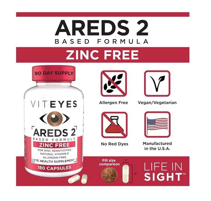 Viteyes AREDS 2 Zinc Free Macular Support Allergen Free Eye Vision Health 180cap