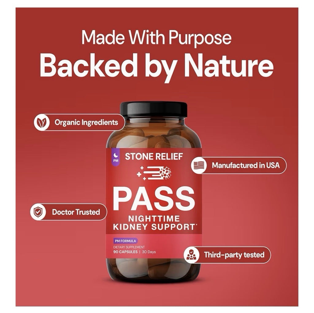 STONE RELIEF PASS Nighttime Kidney Support Herbal Blend Supplement 90 Capsules