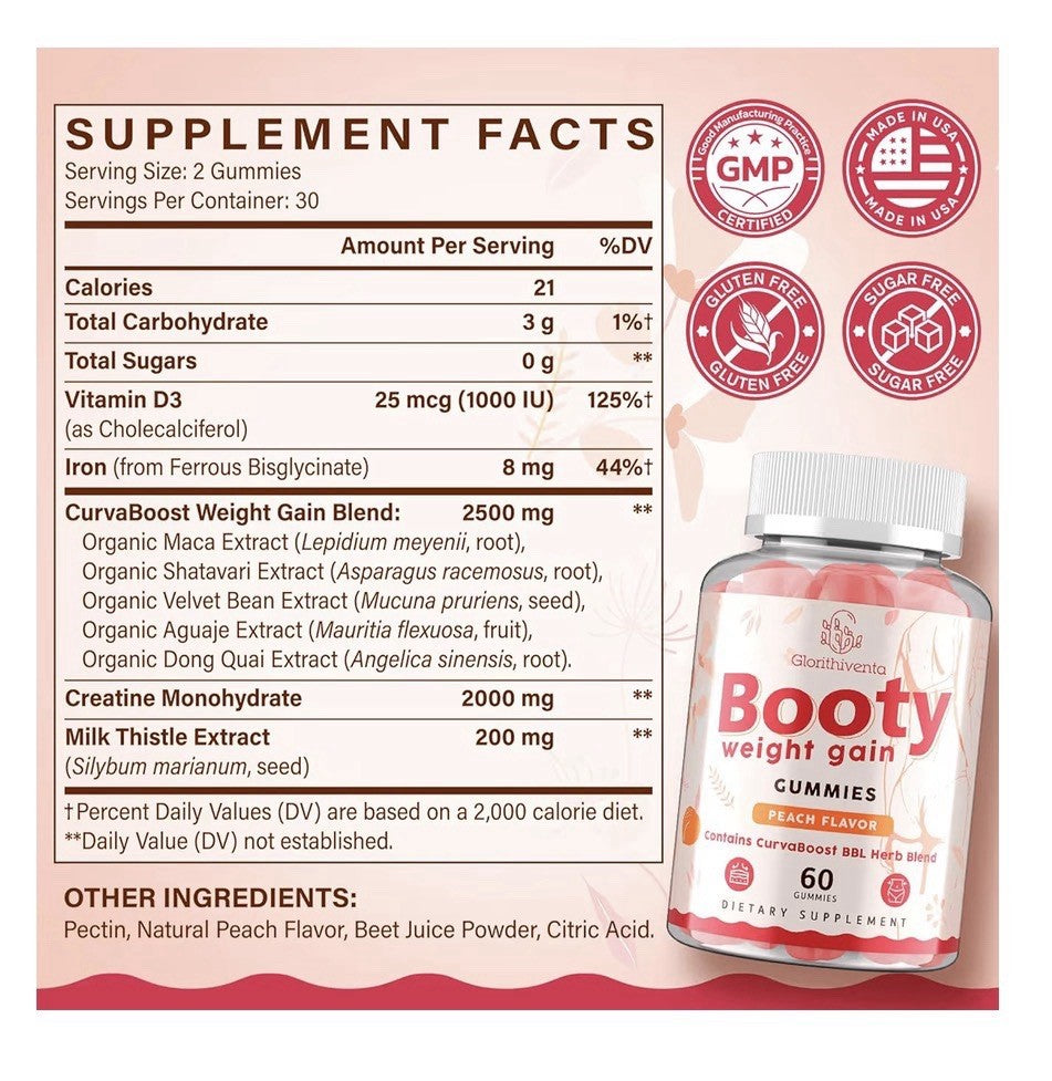 Glorithiventa Booty Gummies CurvaBoost BBL Blend For Women Booty Curves 60gummy