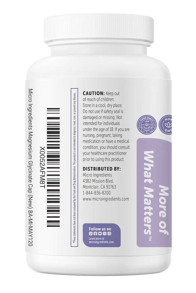 Micro Ingredients Magnesium Glycinate 500mg Per Serving Clean Ingredients 120cap