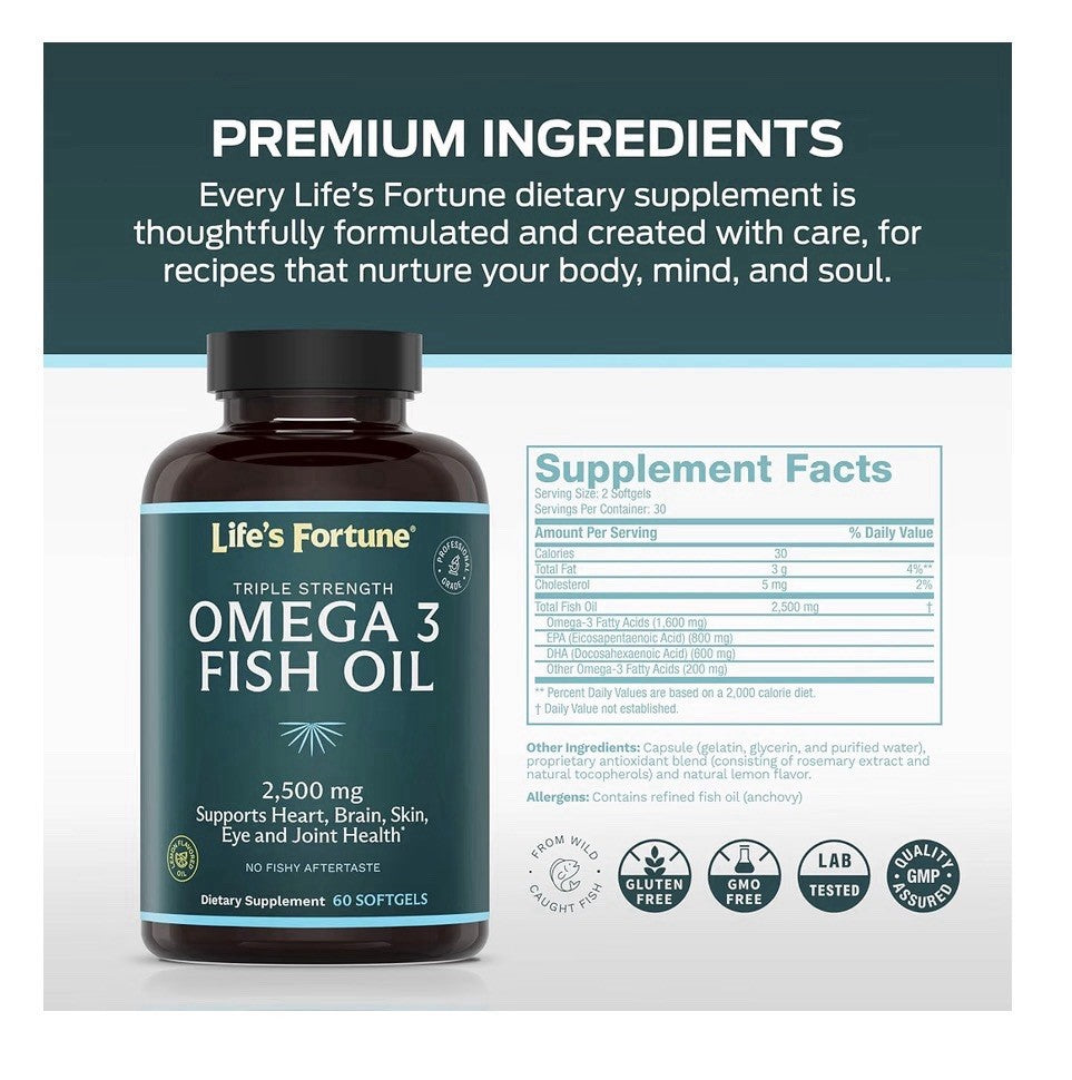 Life's Fortune Omega 3 Fish Oil 2500 mg Heart Brain Skin Eye Joint Health 120sg