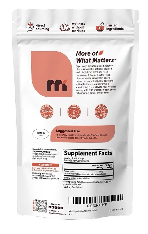 Micro Ingredients Astaxanthin 12mg From Microalgae Triple Strength 90 Softgels