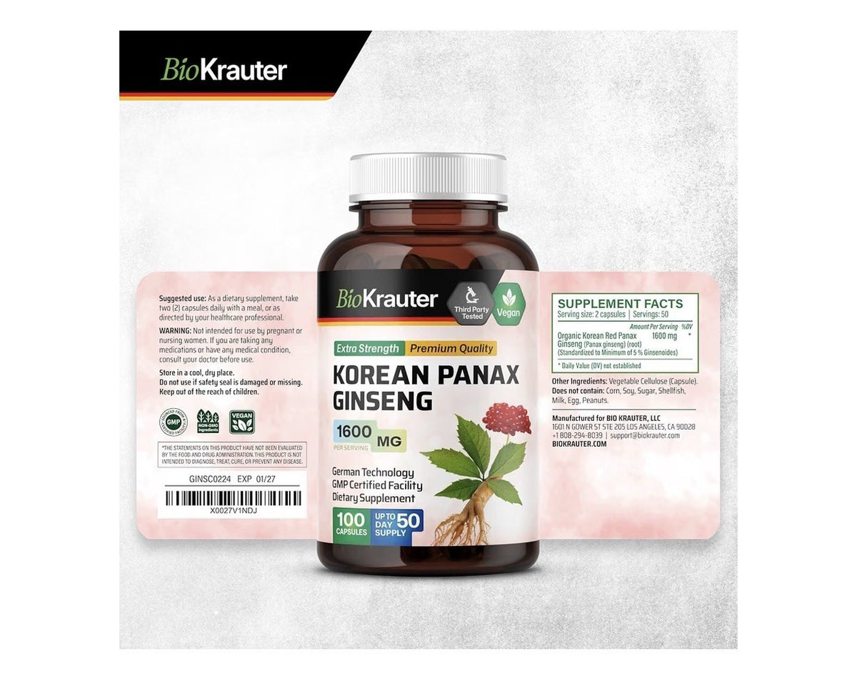 BIO KRAUTER Korean Panax Ginseng Focus Energy Performance Support 100 Capsules
