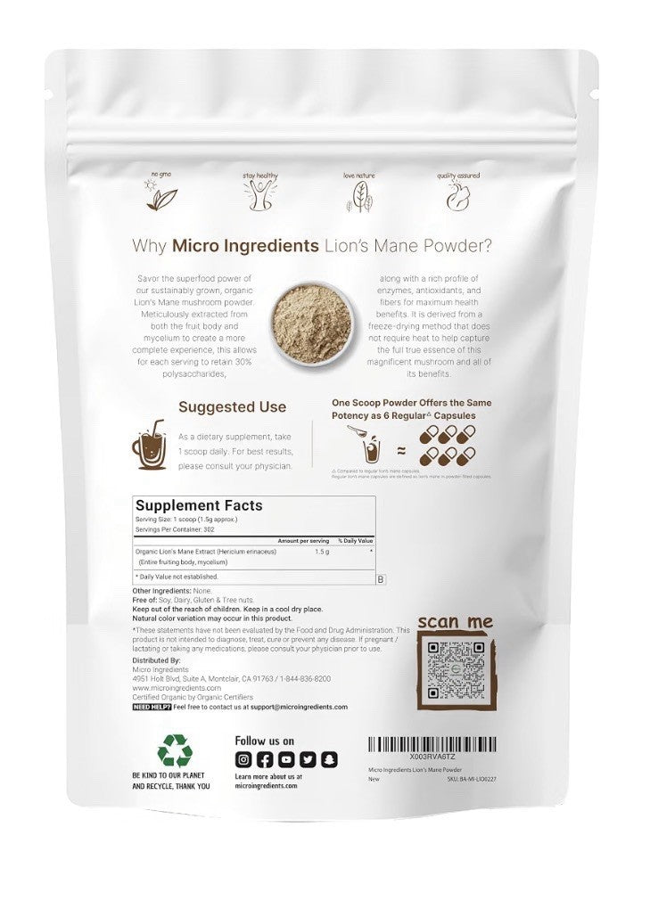 Micro Ingredients Organic Lion’s Mane Mushroom Powder Brain Energy Support  1lb