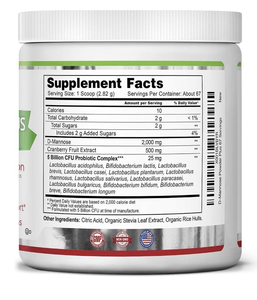 Zazzee D-Mannose Powder Plus With Cranberry & Probiotics 2000 mg 67 Servings