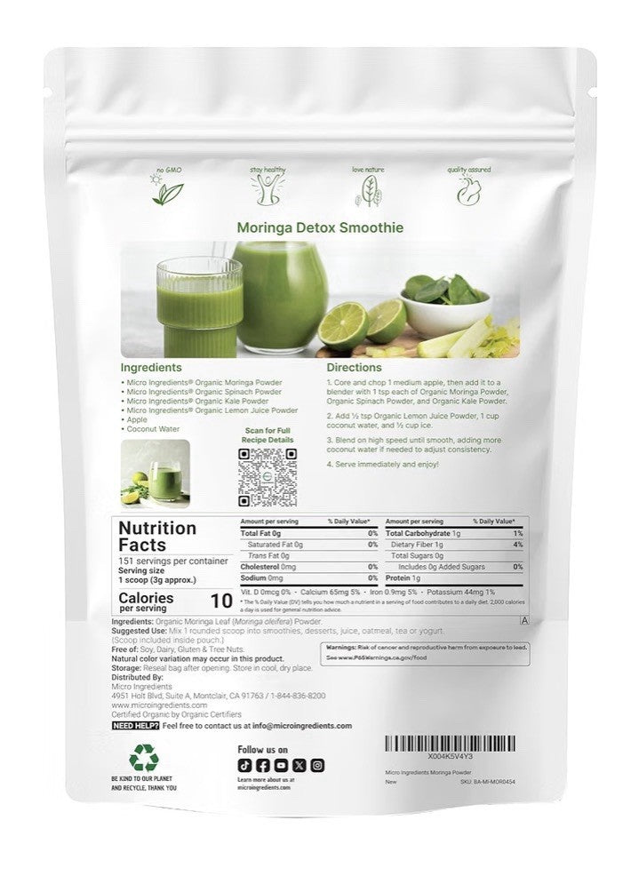 Micro Ingredients Moringa Oleifera Powder Organic Pure Leaves Without Stems 1 Ib