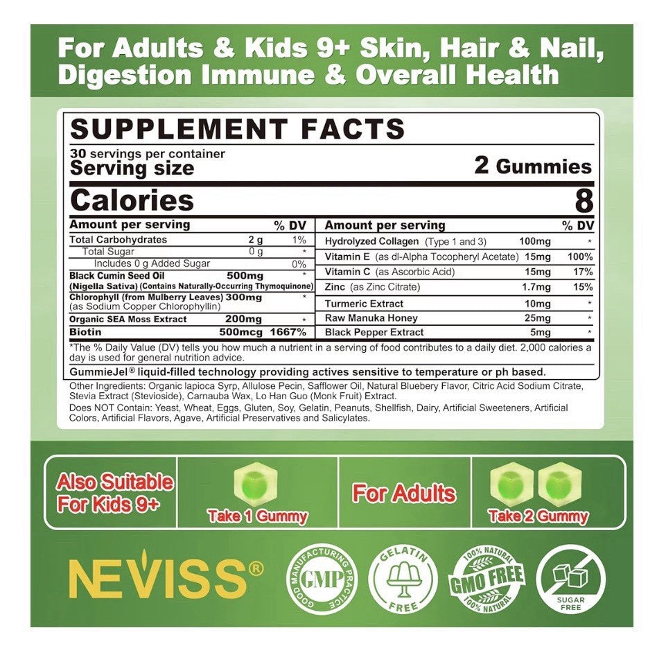 Neviss Black Seed Oil Gummies Chlorophyll Sea Moss for Adults & Kids 9+ 60gumies