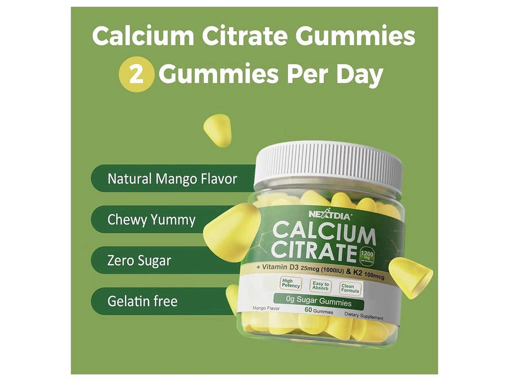 Nextdia Calcium Citrate Gummies with Vitamin D3 K2 For Women & Men 60 Gummies