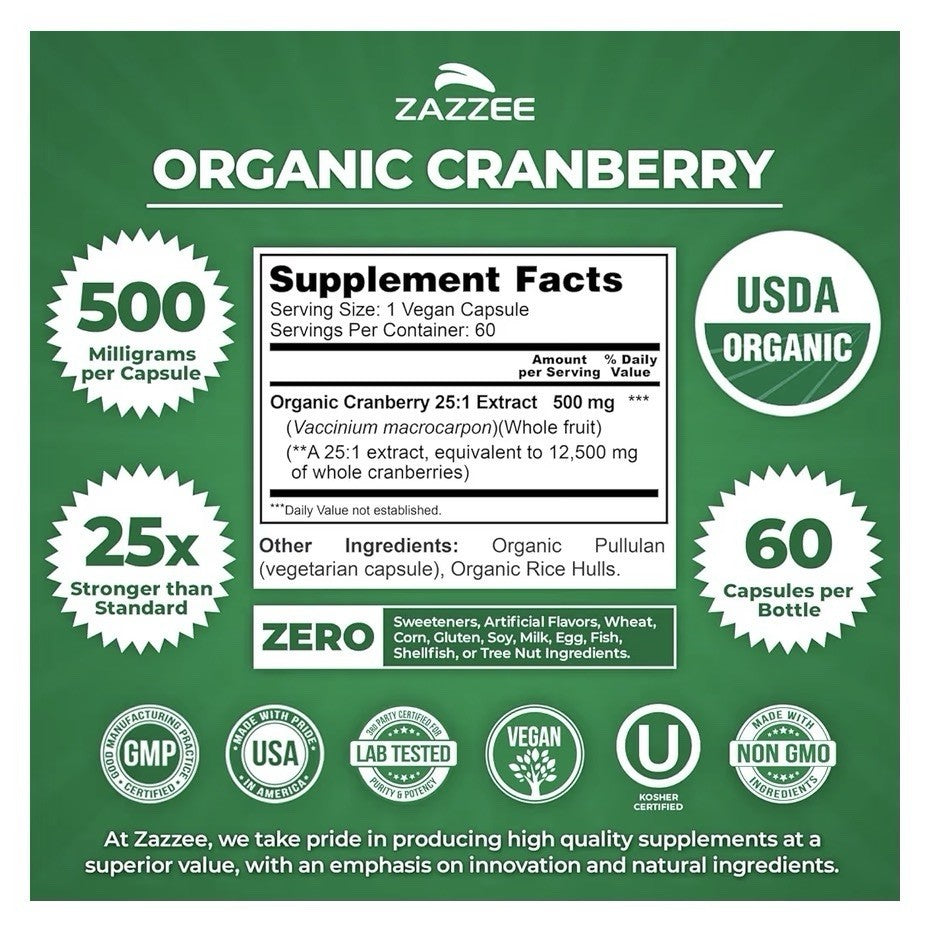 Zazzee Organic Cranberry Healthy Urinary Tracy Support 2 Month Supply 60 Capsule