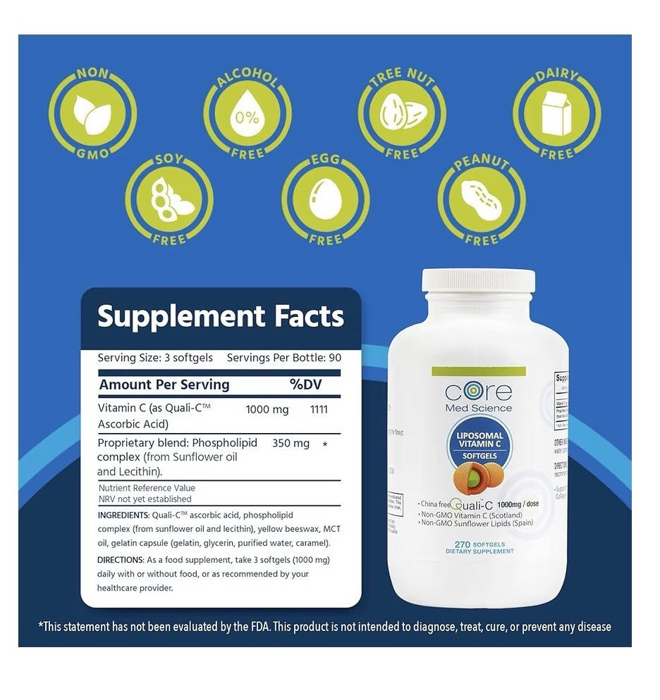 Core Med Science Liposomal Vitamin C 1000mg Immune Collagen Support 270Softgels