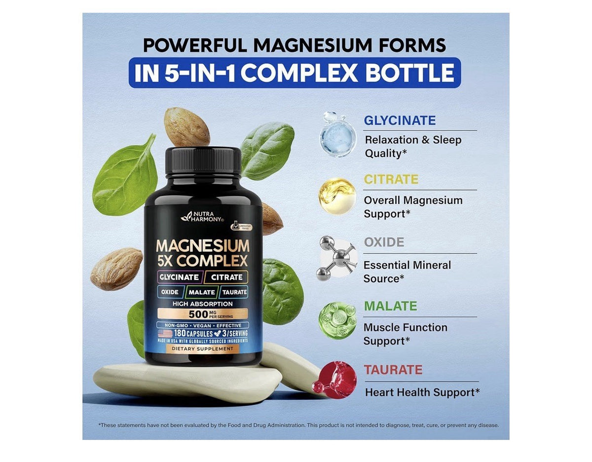 NUTRAHARMONY Magnesium 5x Complex 500mg High Absorption Supplement 180 Capsules