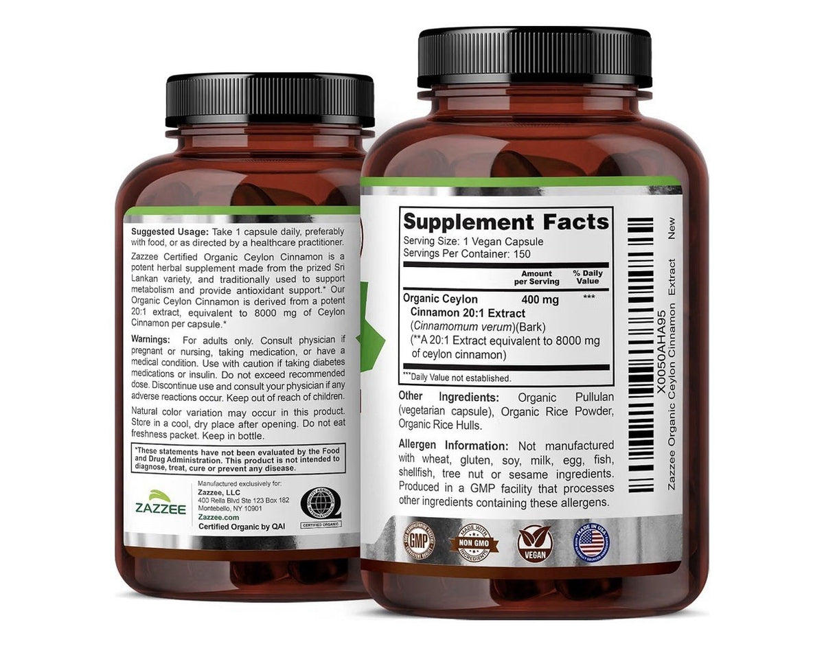 Zazzee Ceylon Cinnamon 150 Sri Lankan Variety Metabolism Support 150 Capsules