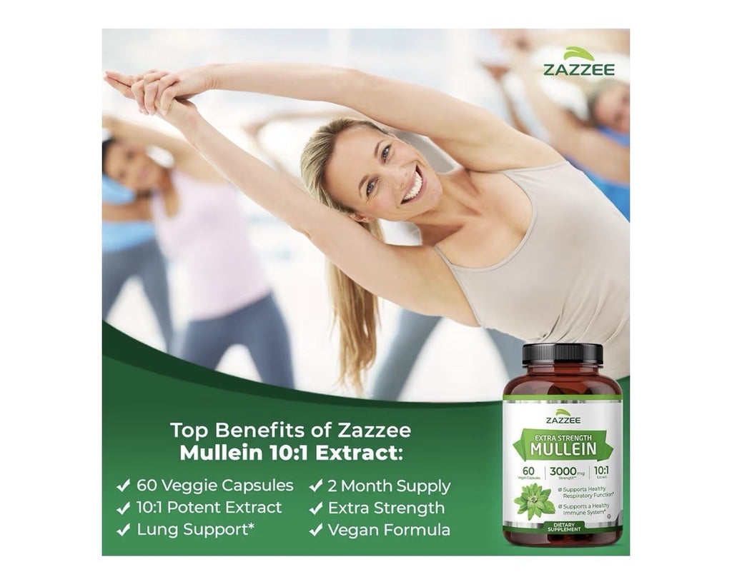 Zazzee Mullein Leaf Support Healthy Respiratory Lung Immune 2Month Supply 60caps