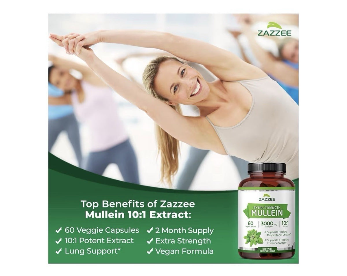 Zazzee Mullein Leaf Support Healthy Respiratory Lung Immune 2Month Supply 60caps